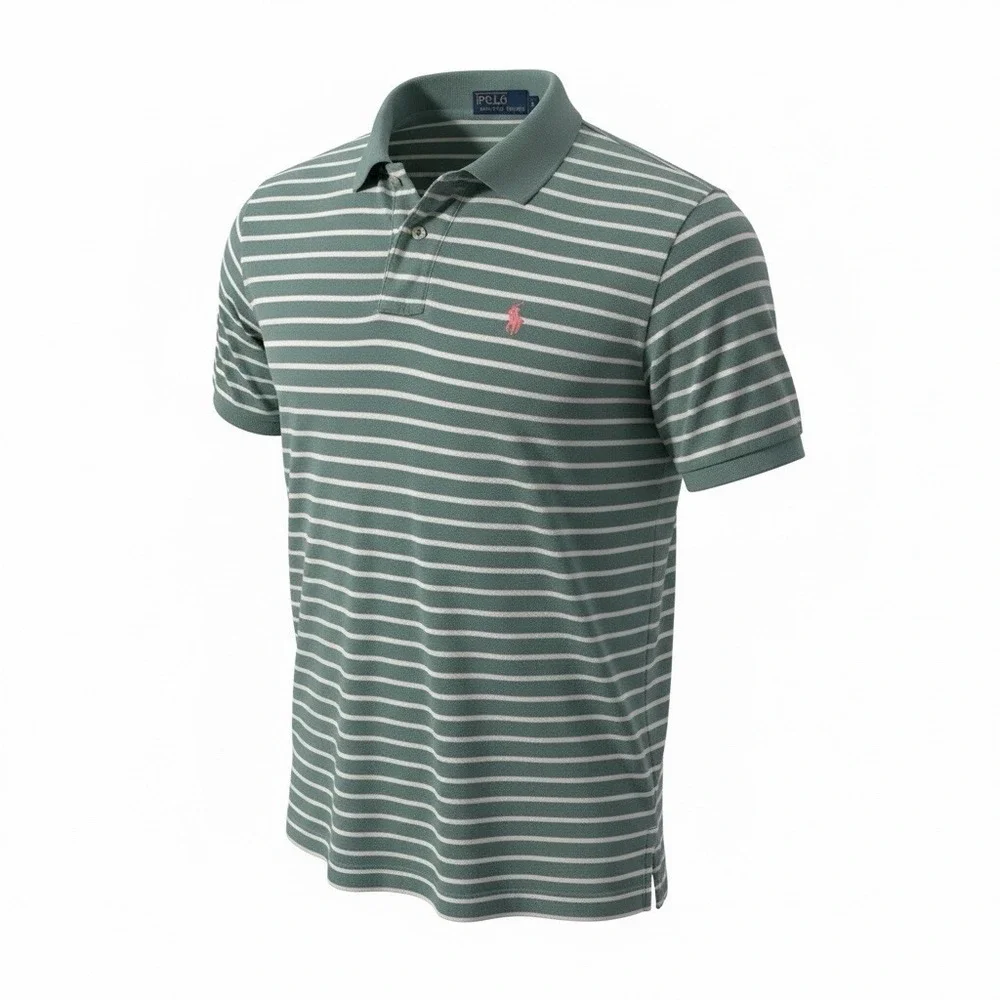 Vintage Polo Ralph Lauren Knit Polo Shirt Green White Striped Men's Size L